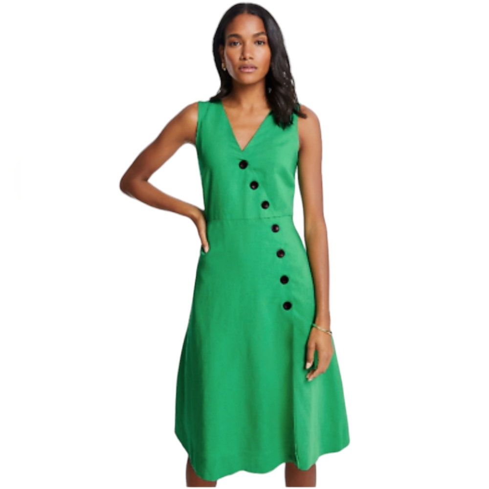 Nwot Ann Taylor Green Faux Wrap Side Button Linen Blend Sleeveless A Line Dress